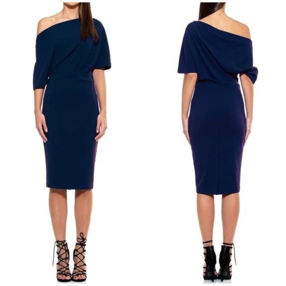 Alexia Admor Dresses & Skirts - Alexia Admor Olivia Draped One-Shoulder Satin Sheath Midi Dress Navy Blue